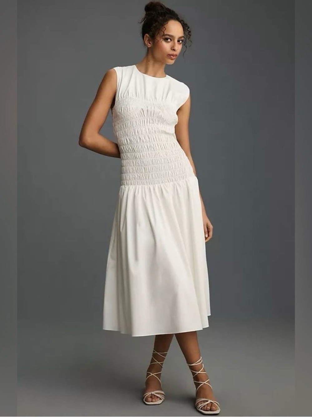 Anthropologie x Mare Mare Sleeveless White Smocked Waist Midi Dress - XS (xs-m)